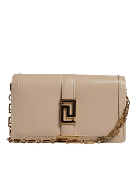 Versace Beige Gold Chain Calf Leather Wallet Crossbody Bag - Hilstor