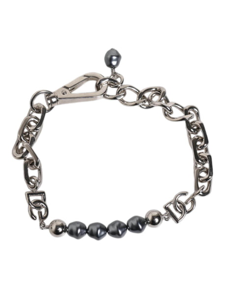 Dolce & Gabbana Silver Tone Chain Lobster Clasp Logo Gray Pearls Bracelet - Hilstor