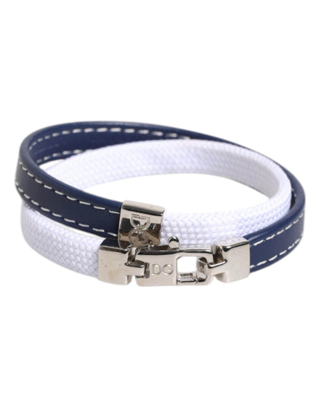 Dolce & Gabbana Blue White Leather Trimmed DG Engraved Silver Tone Clasp Bracelet - Hilstor