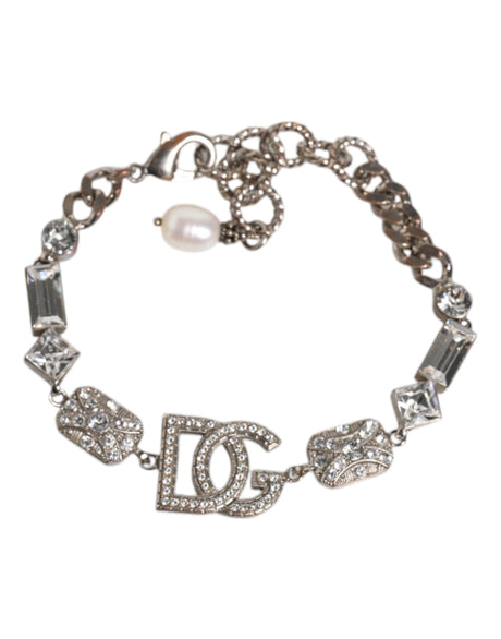 Dolce & Gabbana Silver Brass Crystal DG Logo Charm Embellished Bracelet - Hilstor