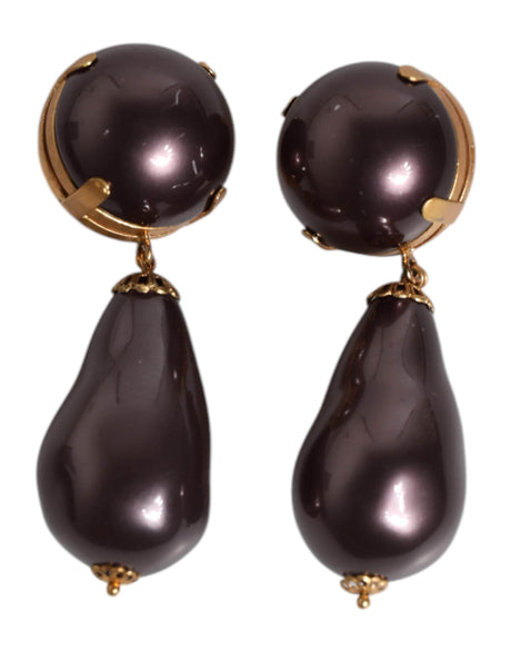 Dolce & Gabbana Gold Brass Black Pearl Clip On Dangling Jewelry Earrings - Hilstor