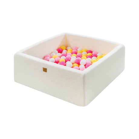 MeowBaby® Boucle White Square Ball Pit 90x90x40cm – 200 Pink, White, Yellow Balls, Made in Europe, Washable Cover & Anti-Allergic Foam - Hilstor