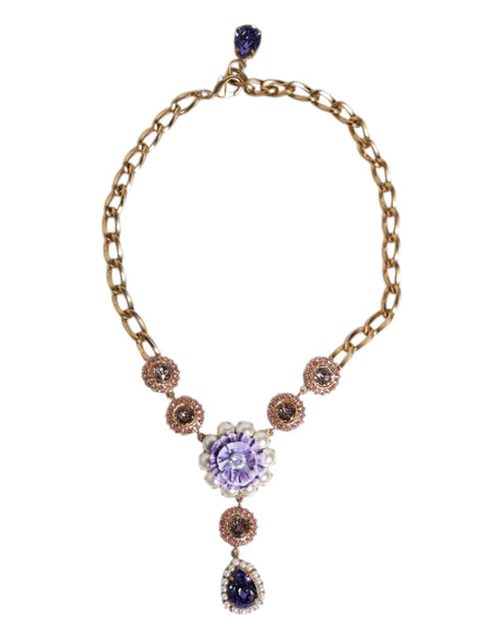 Dolce & Gabbana Gold Brass Floral Crystals Pearl Embellished Necklace - Hilstor