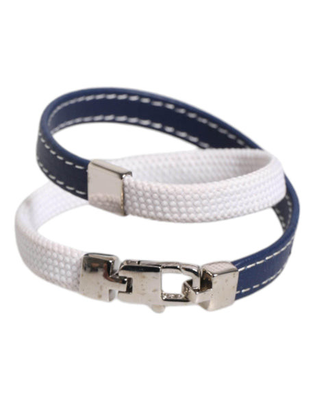 Dolce & Gabbana Blue White Leather Trimmed DG Engraved Silver Tone Clasp Bracelet - Hilstor