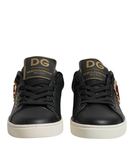 Dolce & Gabbana Black Leather Gold Red Heart Sneakers Shoes - Hilstor