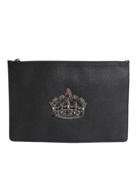 Dolce & Gabbana Black Calfskin Crown Embellished Clutch Pouch Bag - Hilstor