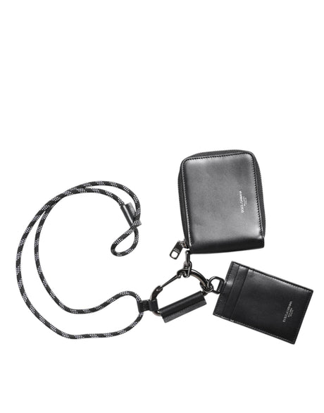 Dolce & Gabbana Black Leather Lanyard Zip Around Card Holder Wallet - Hilstor