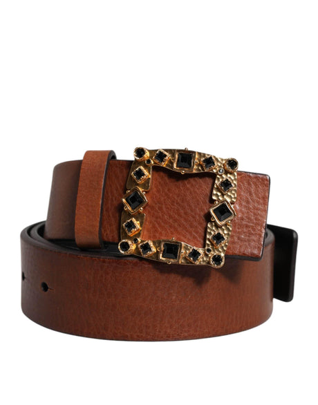 Dolce & Gabbana Brown Leather Gold Crystal Buckle Belt - Hilstor