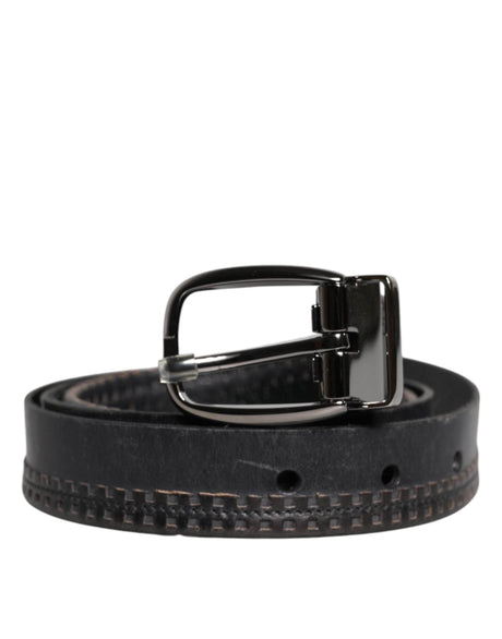 Dolce & Gabbana Black Leather Silver Tone Metal Buckle Belt - Hilstor