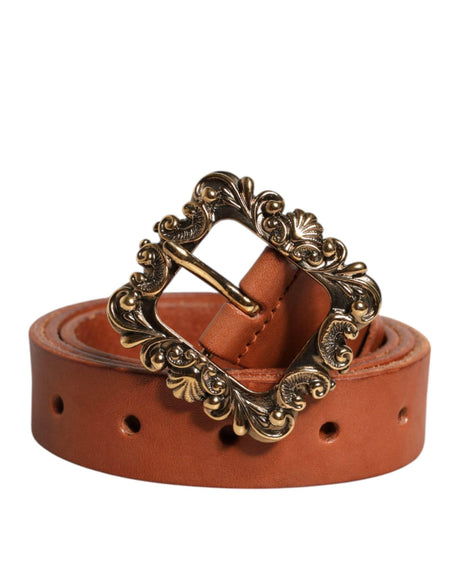 Dolce & Gabbana Brown Leather Gold Metal Baroque Buckle Belt - Hilstor
