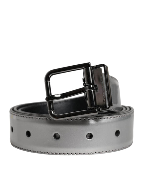 Dolce & Gabbana Silver Leather Classic Metal Logo Buckle Belt - Hilstor