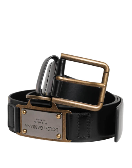 Dolce & Gabbana Black Leather DG Logo Plaque Buckle Belt - Hilstor