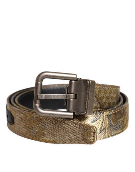 Dolce & Gabbana Gold Leather Jacquard Silver Metal Buckle Belt - Hilstor