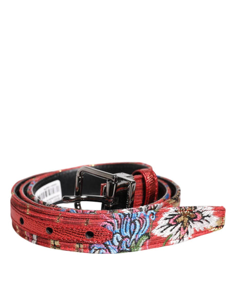 Dolce & Gabbana Red Floral DG Embellished Metal Buckle Belt - Hilstor