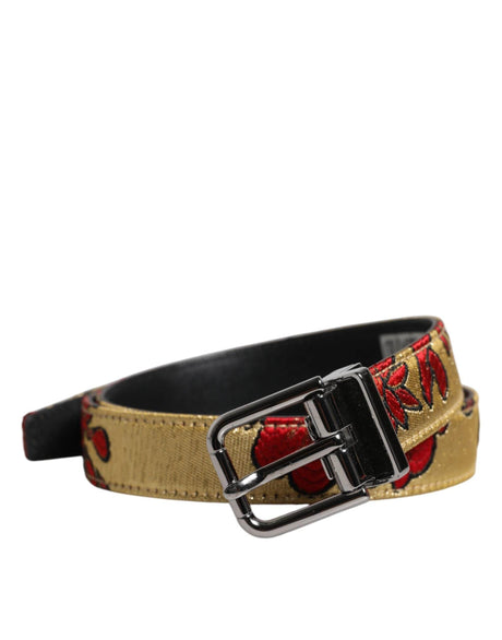 Dolce & Gabbana Gold Floral Jacquard Leather Metal Buckle Belt - Hilstor
