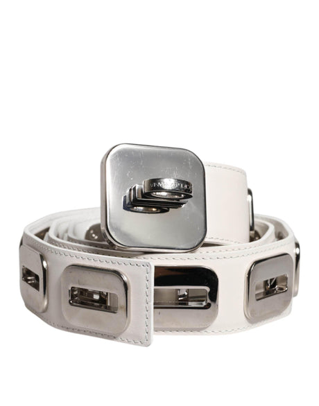 Dolce & Gabbana White Leather Gold Tone Rotating Buckle Belt - Hilstor