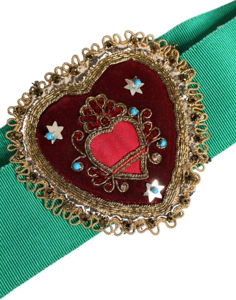 Dolce & Gabbana Green Stretch Wide Waist Heart Embellished Belt - Hilstor