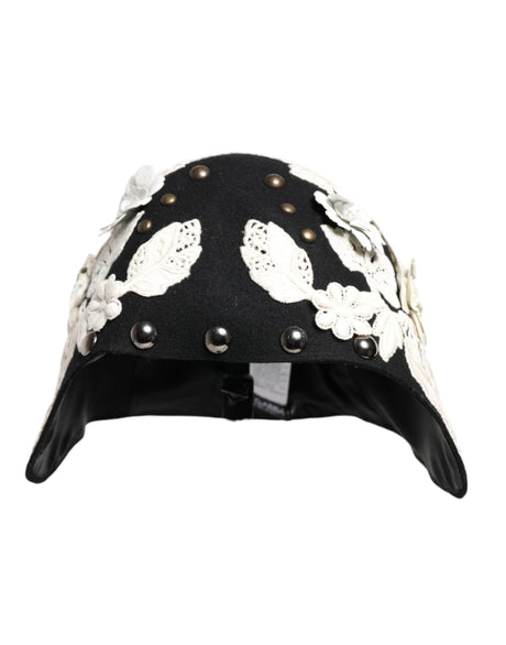 Dolce & Gabbana Black Wool White Floral Gold Leaf Cloche Hat - Hilstor