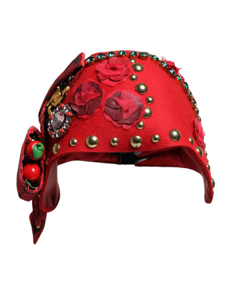 Dolce & Gabbana Red Crystal Gold Roses Brooch Embellished Hat - Hilstor