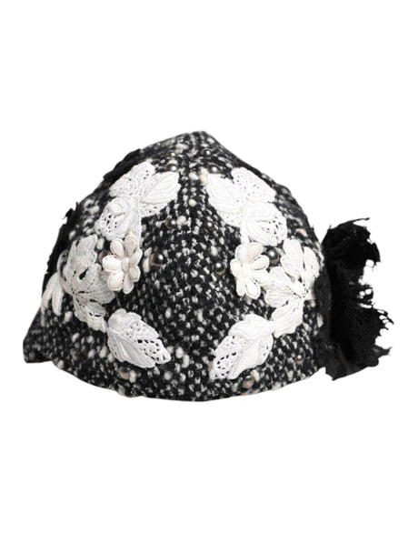 Dolce & Gabbana Black Wool White Floral Embellished Cloche Hat - Hilstor