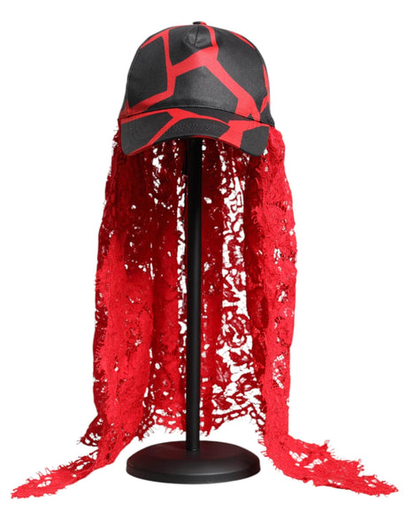 Dolce & Gabbana Red Black Lace Tulle Cotton Baseball Cap - Hilstor