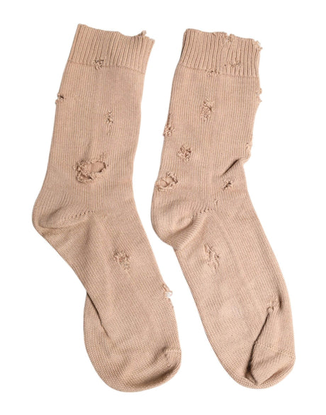 Dolce & Gabbana Beige Solid Stretch Mid Calf Men Socks - Hilstor
