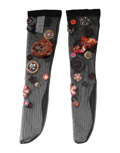 Dolce & Gabbana Black Stretch Carretto Crystal Stockings Socks - Hilstor