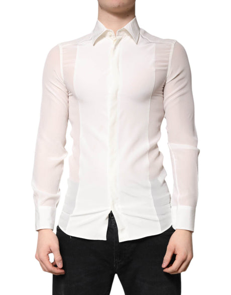 Dolce & Gabbana White Silk GOLD Dress Formal Collared Shirt - Hilstor