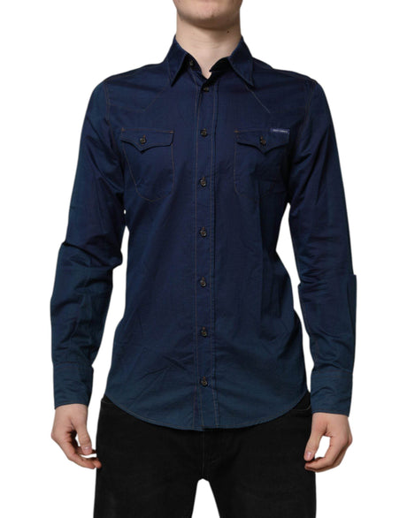 Dolce & Gabbana Blue Cotton GOLD Long Sleeves Casual Shirt - Hilstor