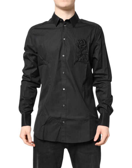 Dolce & Gabbana Black Floral Gold Cotton Dress Formal Shirt - Hilstor
