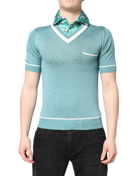 Dolce & Gabbana Green Printed Collared Short Sleeve T-shirt - Hilstor