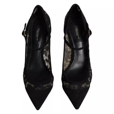 Dolce & Gabbana Black Mary Jane Taormina Lace Pumps Shoes - Hilstor