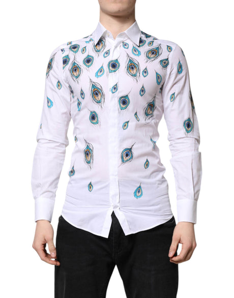 Dolce & Gabbana White Cotton Feather Print GOLD Dress Shirt - Hilstor