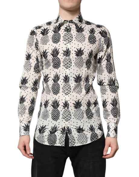 Dolce & Gabbana White Pineapple Print Long Sleeve GOLD Shirt - Hilstor