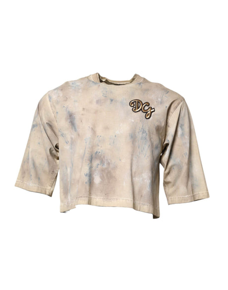 Dolce & Gabbana Beige Tie Dye DG Embroidery Cropped T-shirt - Hilstor