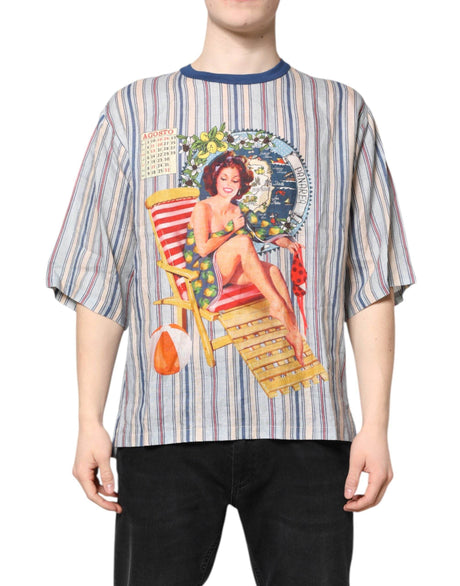 Dolce & Gabbana Multicolor Striped Pin Up Linen Round Neck T-shirt - Hilstor
