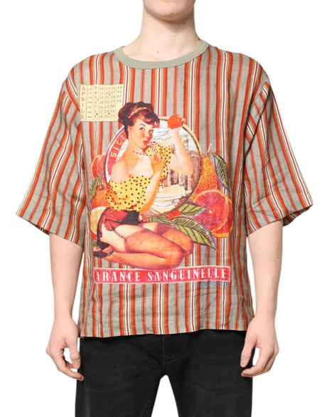 Dolce & Gabbana Multicolor Striped Graphic Linen Round Neck T-shirt - Hilstor