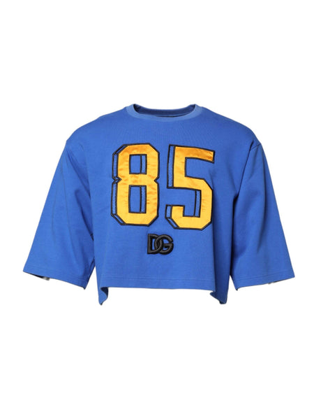 Dolce & Gabbana Blue Printed Cotton Cropped Crew Neck T-shirt - Hilstor