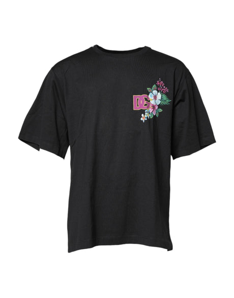 Dolce & Gabbana Black DG Floral Print Crew Neck T-shirt - Hilstor