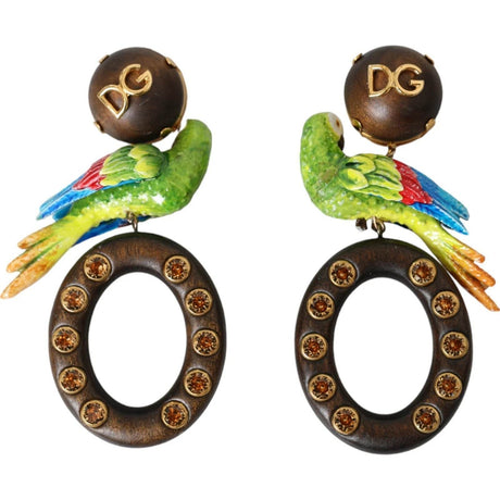 Dolce & Gabbana Multicolor Parrot Wood Brass Crystal Embellished Earrings - Hilstor