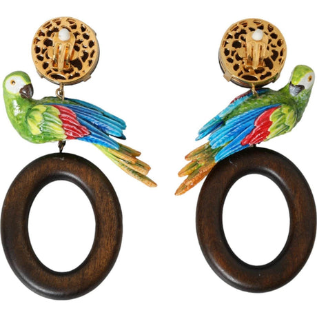 Dolce & Gabbana Multicolor Parrot Wood Brass Crystal Embellished Earrings - Hilstor