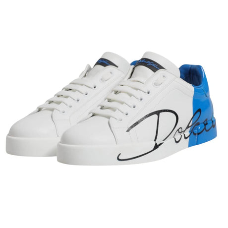 Dolce & Gabbana White Blue Leather Logo Low Top Sneakers Shoes - Hilstor