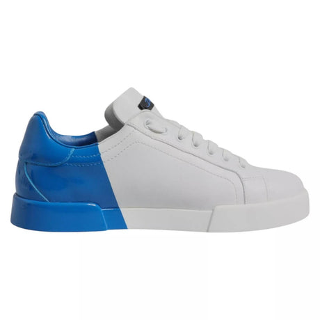 Dolce & Gabbana White Blue Leather Logo Low Top Sneakers Shoes - Hilstor