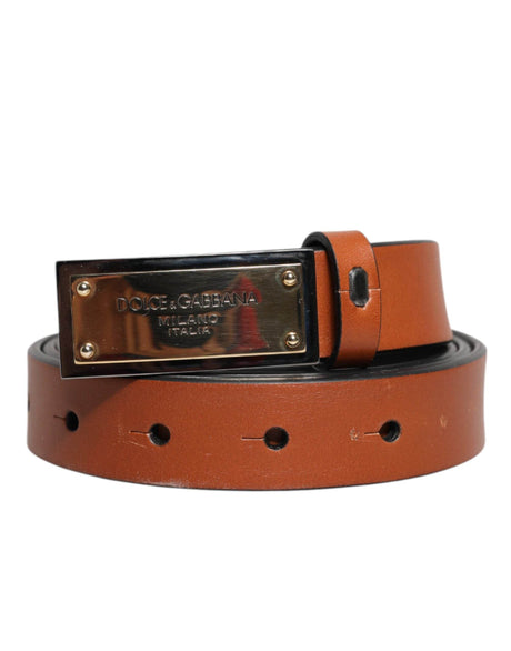 Dolce & Gabbana Brown Leather Gold Rectangle Buckle Belt - Hilstor