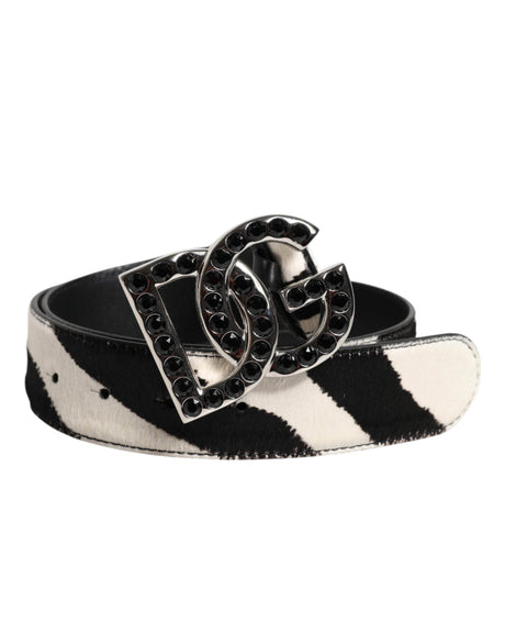 Dolce & Gabbana White Black Leather Zebra DG Crystal Buckle Belt - Hilstor