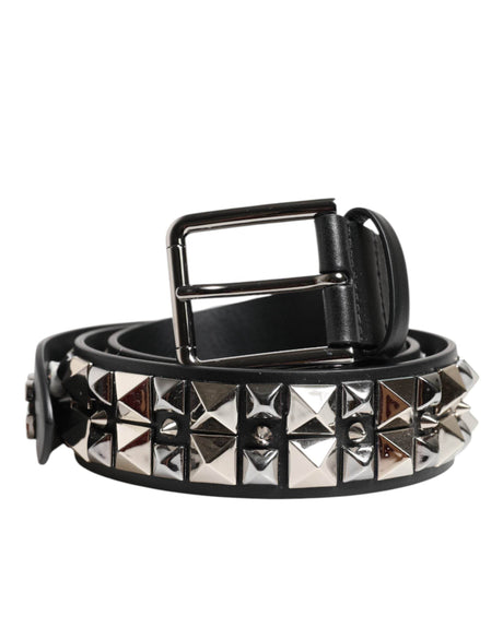 Dolce & Gabbana Black Calf Leather Studded Silver Buckle Belt - Hilstor