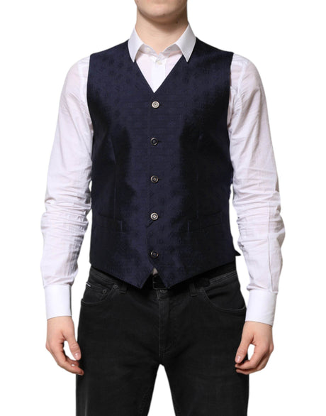 Dolce & Gabbana Dark Blue Logo Wool Formal Men Waistcoat Vest - Hilstor