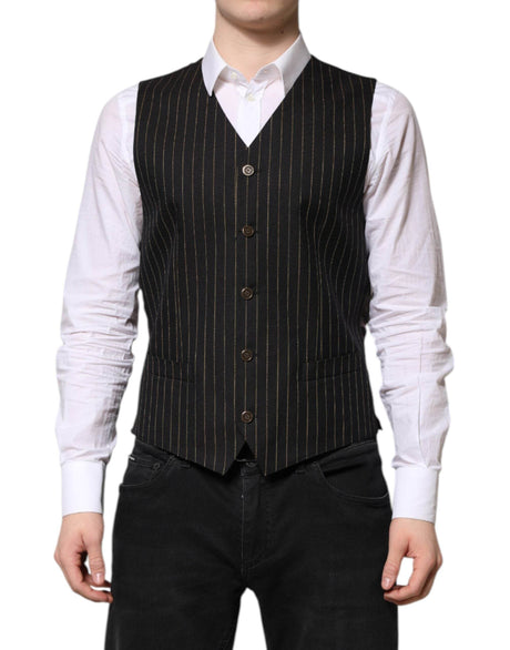 Dolce & Gabbana Black Stripes Wool Formal Men Waistcoat Vest - Hilstor