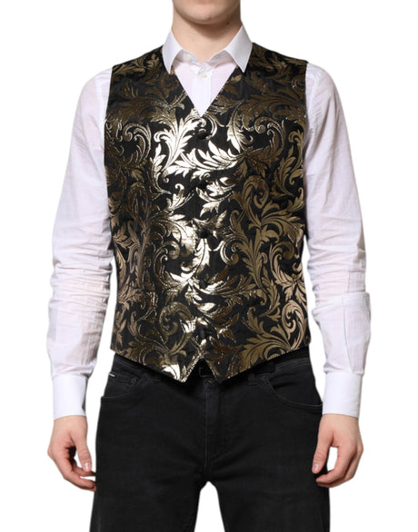 Dolce & Gabbana Black Gold Jacquard Formal Men Waistcoat Vest - Hilstor