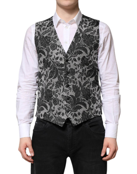 Dolce & Gabbana Black Gray Brocade Formal Men Waistcoat Vest - Hilstor